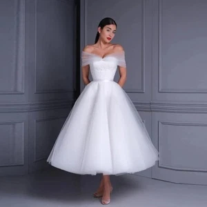 Off shoulder casual wedding dress,Elopement bridal robe,Tea length bridal skirt - Picture 1 of 3