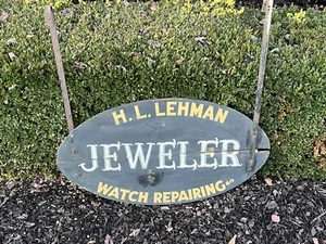 Antique Jeweler & Watch Advertising Trade Sign Double Sided Wood W/Iron Hangers - Picture 1 of 8