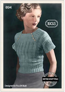 1930s Vintage Knitting Pattern | Flared Sleeve Jumper | Retro Sweater | Bust 34 - Picture 1 of 2