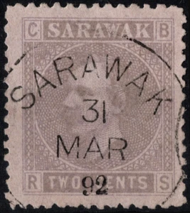 Sarawak Stamp Scott # 3 Used with Bullseye Cancel - 2 Cents Gray Lilac on Lilac - Picture 1 of 1