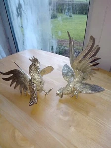 Pair Cockerel figurine Vintage Table Decor silver Tone Metal Roosters - Picture 1 of 3