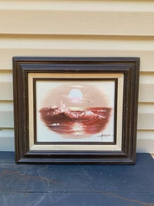 Original Painting Ocean Waves Sunset Seagull Orange Rust Peach framed signed Sto - Picture 1 of 9
