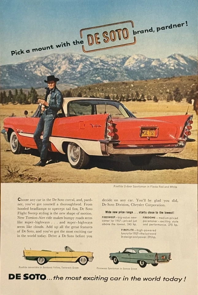 Anuncio impreso De Soto 1957 modelo Fireflite Fireweep Sportsman vaquero Chrysler Corp Foto 1 de 1