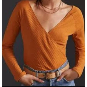 Reformation XS Wickeltop Sienna braun gerippt Manhattan Shirt Langarm - Bild 1 von 6