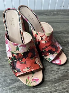 Gucci Shanghai Floral Blooms Pink Apricot Open Toe Mules Heels 37 US 7 RARE - Picture 1 of 17