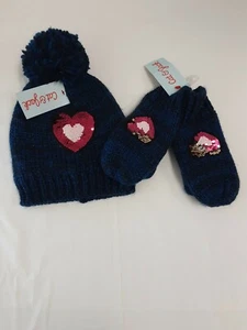 Cat & Jack Navy Blue/Black Knit Hat W/Flip Sequins Heart & Matching Mittens OSFM - Picture 1 of 7