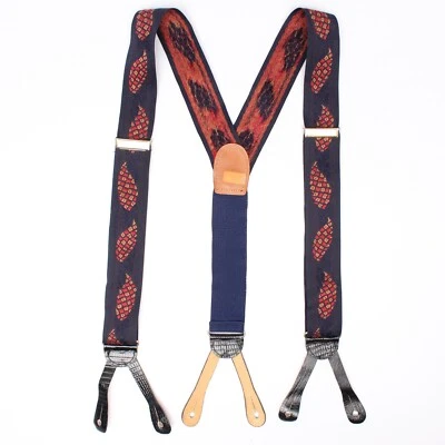 De Colección Seda Hombres Tirantes Tirantes Azul Marino Rojo Paisley Tejido Cuero Botón Pestañas Foto 1 de 4