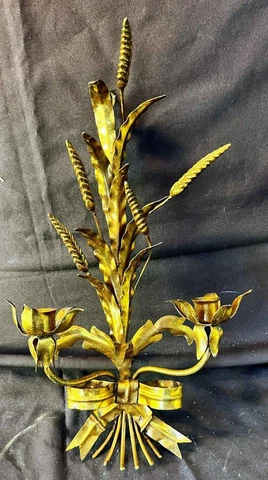 Old Vintage Gold Gilt Wrought Iron Tole MCM Mid Century Italian Wheat Sconce Cover