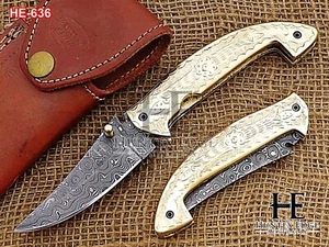 HUNTEX Handmade Damascus Blade, Engraved Brass Handle,110mm Skinner Pocket Knife - Picture 1 of 10