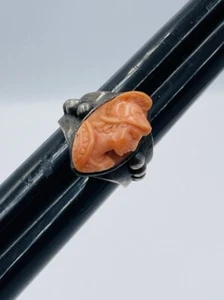 Antique Victorian Sterling Silver Coral Cameo Ring Size 4 - Picture 1 of 8