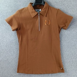 Camicia Horze Amy donna 8 polo marrone paillettes ferro di cavallo accento quarto zip nuova con etichette - Foto 1 di 16
