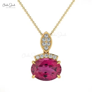 14k Solid Gold Pink Tourmaline Diamond Pendant 8x6mm Oval Gemstone Necklace Gift - Picture 1 of 22
