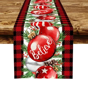 Red Plaid Christmas Ball Table Runner Kitchen Dining Coffee Table Decoration - Picture 1 of 5