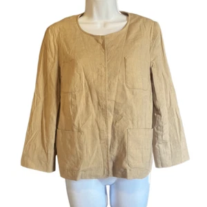 DKNY Tan Linen Blend Hook Closure 4 Pocket Collarless Blazer Small Preppy Classy - Picture 1 of 12