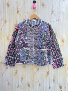 Grey Patchwork Quilted Cotton Jacket Handmade Cotton Jacket Women's Clothing US - Picture 1 of 4