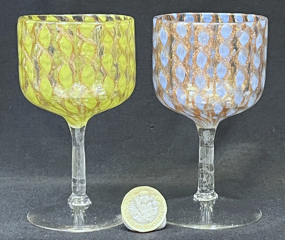 Pair Vintage Antique Salviati Murano Wine Glasses, Latticinio & Gold Aventurine - Image 1 of 4