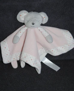 🍀Flaches Kuscheltier Maus OBAIBI OKAIDI Taschentuch eckig rosa weiß Erbse geschlossene Augen - Bild 1 von 4