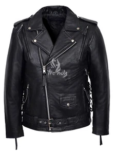 Chaqueta de moto de cuero para hombre negra REPUJADO ROJO INDIO ESPALDA CUERO DE VACA - Imagen 1 de 5