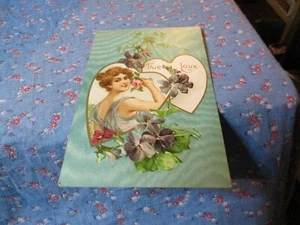 Old Postcard Woman True Love in Hearts Floral & Blue Background - Picture 1 of 2