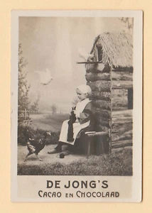 Early Dutch Chocolate Card c 1900s De Jong Cacao & Chocolaad Girl with chickens - Picture 1 of 2