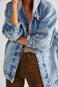 NWT FREE PEOPLE Sz M FLAWLESS HOODED DENIM JACKET AT IT AGAIN BLUE - Picture 1 of 4