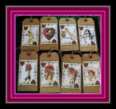 VICTORIAN STYLE VALENTINE HANG TAGS - PRIMITIVE STYLE - SET OF EIGHT HEARTS - Image 1 of 4