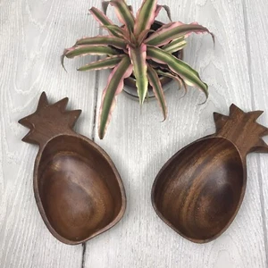 Vintage Pineapple Shaped Wooden Serving Bowls Hand Carved Monkey Pod Set Of Two - Picture 1 of 7