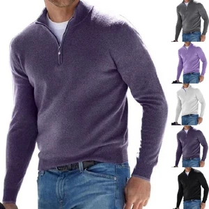 Einfarbiger lässiger Herrenpullover halber Reißverschluss schmale Passform Lan - Picture 1 of 16