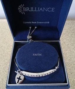 NOS Swavorski Brilliance Fine Jewelry 'Faith' Slider Bracelet Silver Plated Box - Picture 1 of 11