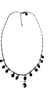 Dainty Black Choker Necklace  Dangling Glass Bead Gunmetal Gothic   14 to 16 in - Image 1 of 4