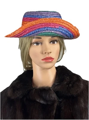Vtg Multicolor Woven Straw Hat Rainbow Wide Brim Carnival Party Retro - Image 1 of 4