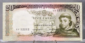 1964 Bank of Portugal 20 Escudos Note - Santo Antonio Type - Green Underprint - - Picture 1 of 2