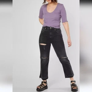 We The Free Lita Washed Black Distressed Raw Hem Grunge Ankle Straight Jeans 24 - Picture 1 of 9