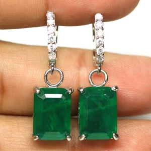 925 Silver 10 x 14 mm. Forest Green Doublet Emerald & Cubic Zirconia Earrings - Picture 1 of 4
