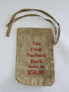 Bolsa de banco de dólares de plata de $50 con corbata-First National Bank Berlin, pa.-4 pulgadas x 6 pulgadas. - Imagen 1 de 4