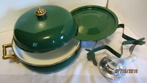HERMOSA SARTÉN PARA SERVIR BUFFET ESMALTE VERDE 3 CUARTOS CON CALENTADOR, ASAS DE LATÓN--¡NUEVO!! - Imagen 1 de 10