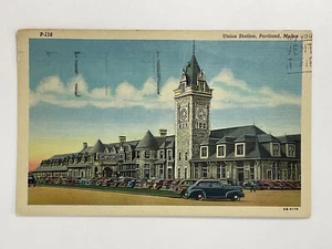 Postcard Portland, ME - Vintage Cars at Union Station, Clock Tower A-2 - Picture 1 of 2