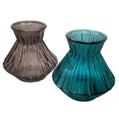 Colorful Glass Vase Set Ribbed Small Blue Gray Aqua MCM Modern Minimalist Boho - Image 1 of 4