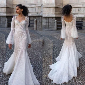 Weiße Boho Kleider Spitze Flare Langarm Meerjungfrau Slim Fit Kleider für Hochzeit Neu - Bild 1 von 10