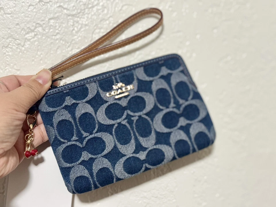 Limited Coach CZ452 Signature Denim Corner Zip Wristlet with Cherry Charm