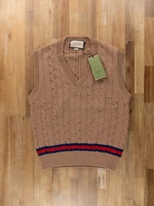 GUCCI Chaleco Tejido Cable Cachemira Marrón Camel con Red Talla Mediana Auténtico Nuevo con Etiquetas - Imagen 1 de 7