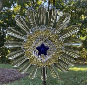 Cobalt Star & Gold Petal Glass Garden Flower Repurposed Suncatcher Yard Art - Picture 1 of 6