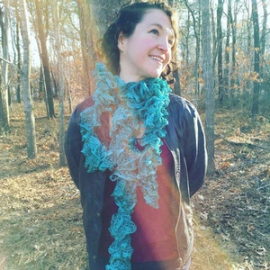 The Marina Scarf - Handknit Sparkly Teal Ruffle Fashion Scarf - Picture 1 of 4