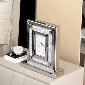 Crushed Diamond Mirrored Desk Clock Decorative Mantel Clock Silver Beveled Edge - Picture 1 of 16