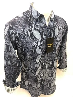 Men PREMIERE REPTILE SNAKESKIN Long Sleeve BUTTON UP Dress Shirt BLACK GRAY 659 - Image 1 of 4