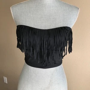 NWOT - A.N.A Black Fringe Removable Padded Bikini Swimsuit Top - Size 4 Small - Picture 1 of 6