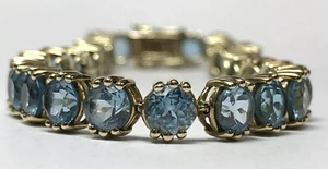 14 Karat Gelbgold Natur Rund Schnitt Blau Topas Tennisarmband Vintage 7,5 Zoll - Bild 1 von 6