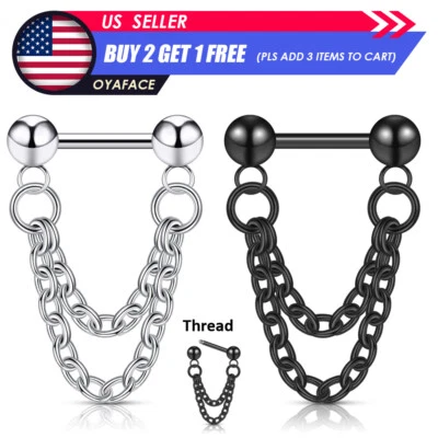 1x Double Chain Nose Septum Ring 16G Surgical Steel Dangle Daith Earring Jewelry - Image 1 of 4