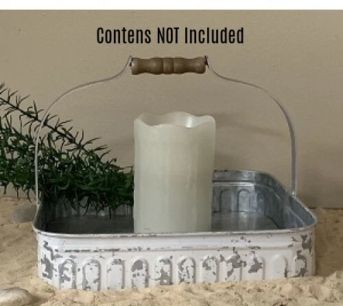 New Shabby Farmhouse AGED WHITE METAL CANDLE TRAY WITH HANDLE Basket Caddy - Image 1 of 1