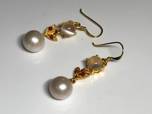 Sterling Silver 925 Earrings Dangle Drop 18K Gold Plated Pearl Moonstone Ruby - Picture 1 of 10